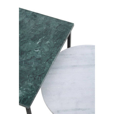 Marble Top Nest of 3 Tables with Black Metal Bases in Assorted Tones and Shapes, Mandoli