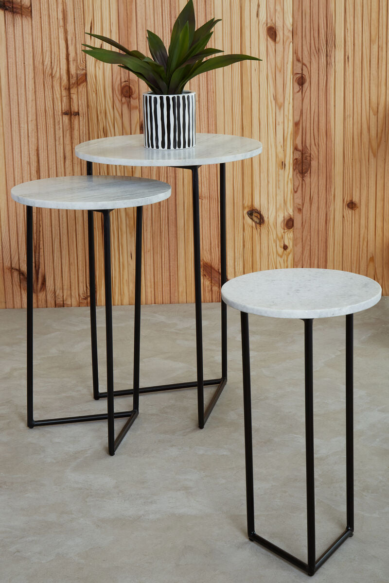 Nest of 3 White Marble Top Side Tables with Black Metal Triangular Bases, Mandoli
