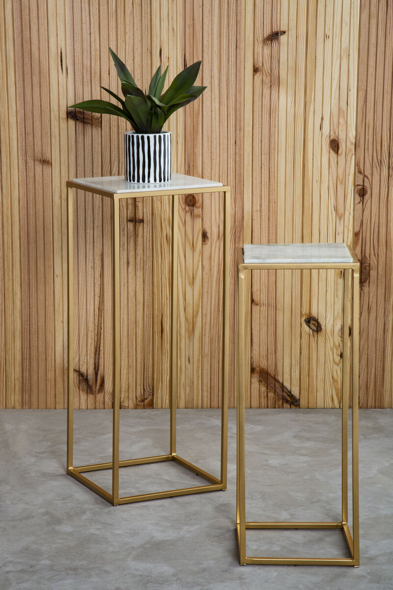 Nest of 2 White Marble Square Top Side Tables with Gold Metal Frame, Mandoli
