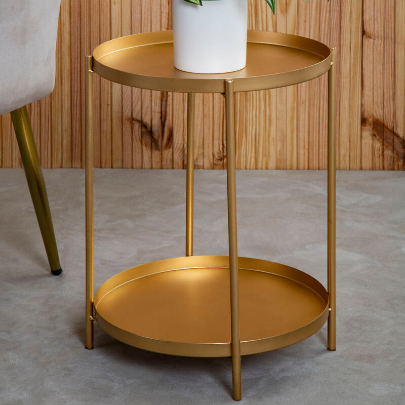 Gold Metal Top Two Tier Side Table with Powder Coated Iron Frame, Mandoli