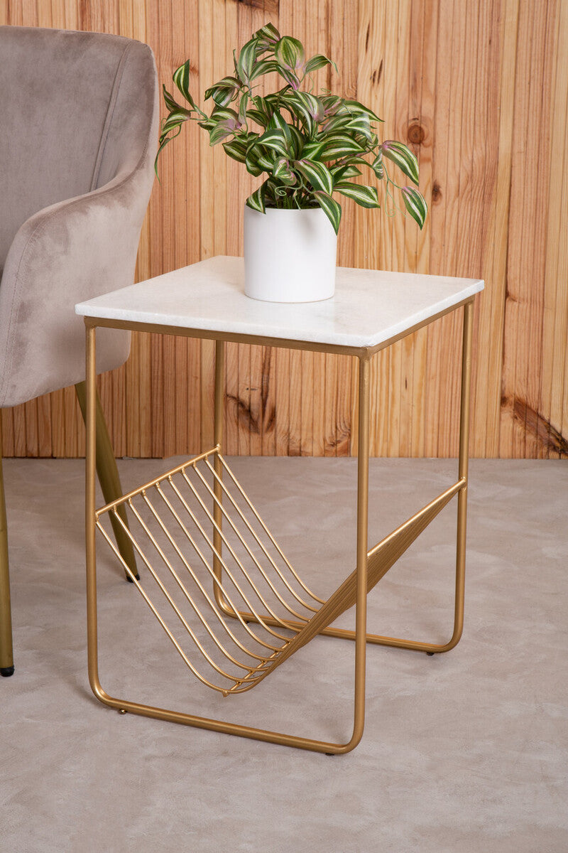 White Marble Top Side Table with Interconnected Gold Metal Frame and Open Rack Storage, Mandoli