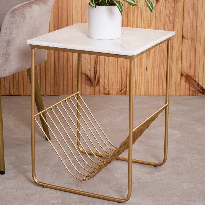 White Marble Top Side Table with Interconnected Gold Metal Frame and Open Rack Storage, Mandoli