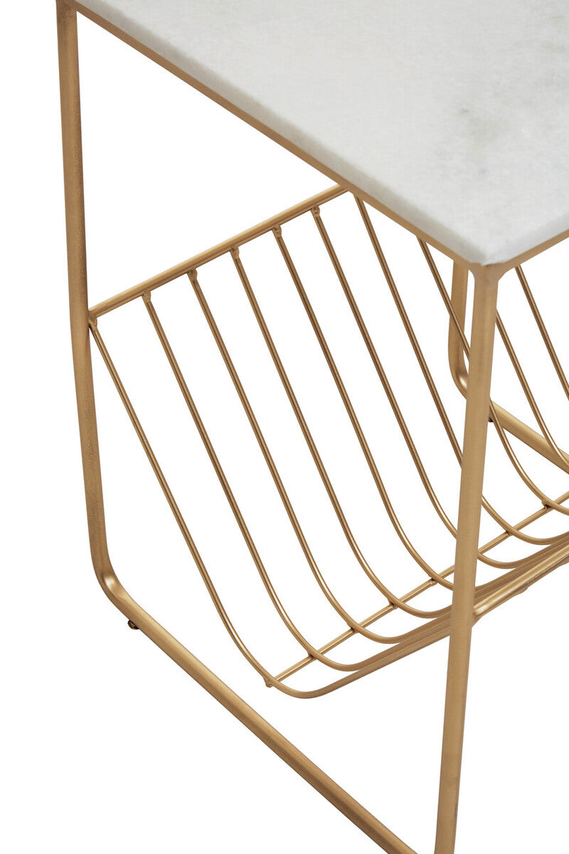 White Marble Top Side Table with Interconnected Gold Metal Frame and Open Rack Storage, Mandoli