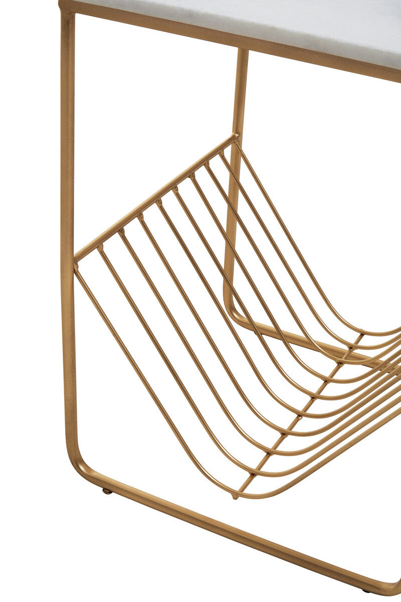 White Marble Top Side Table with Interconnected Gold Metal Frame and Open Rack Storage, Mandoli