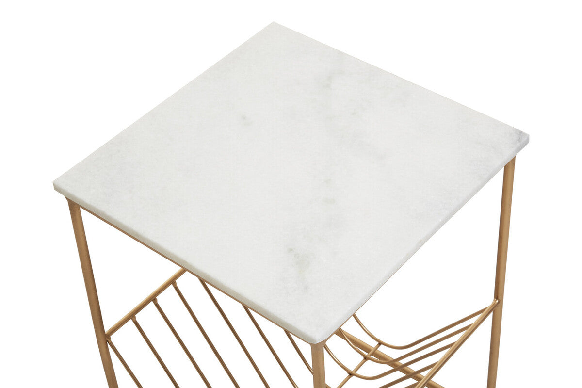 White Marble Top Side Table with Interconnected Gold Metal Frame and Open Rack Storage, Mandoli