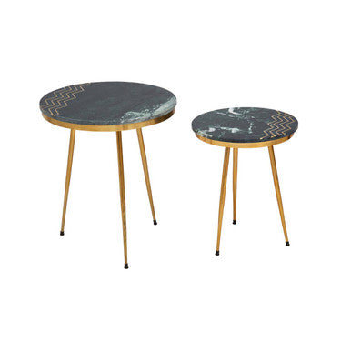 Set of 2 Green Marble Top Side Tables with Gold Inlay and Tapered Metal Legs, Nirav
