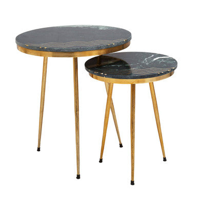 Set of 2 Green Marble Top Side Tables with Gold Inlay and Tapered Metal Legs, Nirav