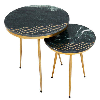 Set of 2 Green Marble Top Side Tables with Gold Inlay and Tapered Metal Legs, Nirav