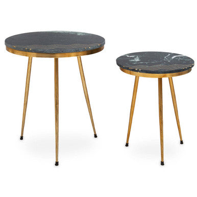 Set of 2 Green Marble Top Side Tables with Gold Inlay and Tapered Metal Legs, Nirav