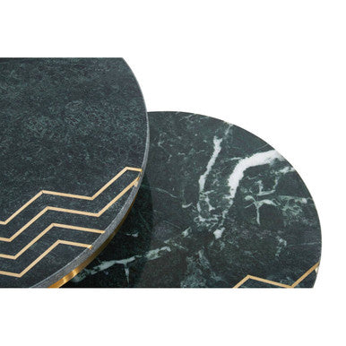 Set of 2 Green Marble Top Side Tables with Gold Inlay and Tapered Metal Legs, Nirav