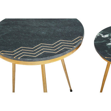 Set of 2 Green Marble Top Side Tables with Gold Inlay and Tapered Metal Legs, Nirav