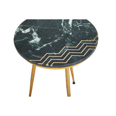 Set of 2 Green Marble Top Side Tables with Gold Inlay and Tapered Metal Legs, Nirav