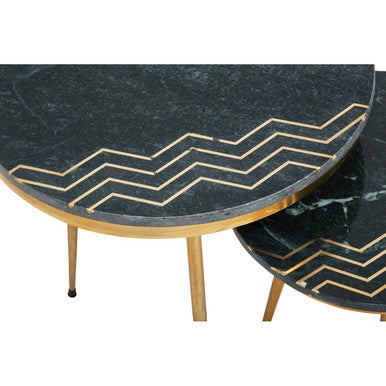 Set of 2 Green Marble Top Side Tables with Gold Inlay and Tapered Metal Legs, Nirav