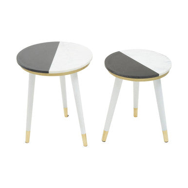 Set of 2 Black & White Marble Side Tables with White Legs and Gold Base Detailing, Nirav