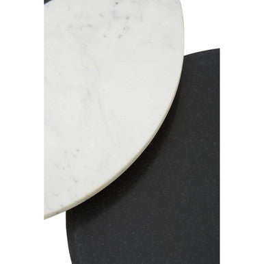 Set of 2 Black & White Marble Side Tables with White Legs and Gold Base Detailing, Nirav