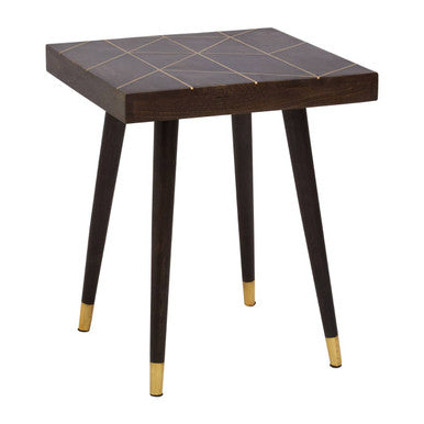 Dark Brown Mango Wood Square Side Table with Gold Tip Legs, Naro