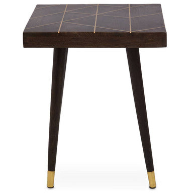 Dark Brown Mango Wood Square Side Table with Gold Tip Legs, Naro