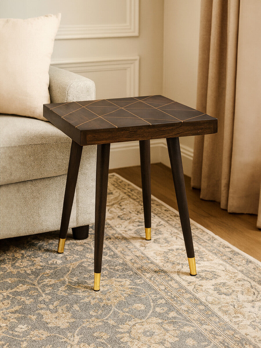 Dark Brown Mango Wood Square Side Table with Gold Tip Legs, Naro