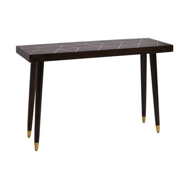 Brown Mango Wood Rectangular Console Table with Gold Tip Legs and Geometric Gold Lines on Top, Naro