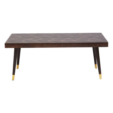 Brown Mango Wood Rectangular Coffee Table with Gold Tip Legs and Geometric Gold Lines on Top, Naro
