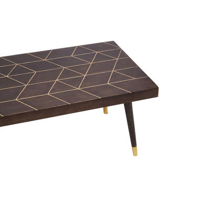 Brown Mango Wood Rectangular Coffee Table with Gold Tip Legs and Geometric Gold Lines on Top, Naro
