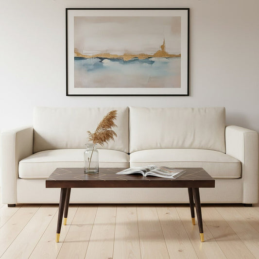 Brown Mango Wood Rectangular Coffee Table with Gold Tip Legs and Geometric Gold Lines on Top, Naro