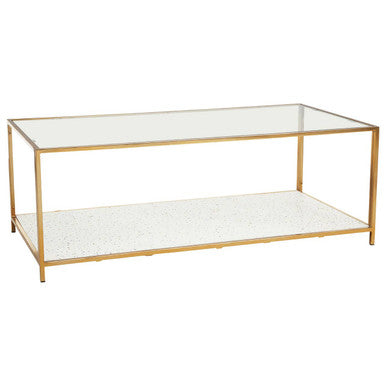 Glass Top Coffee Table with White Terrazzo Effect Shelf and Gold Metal Frame, Novi
