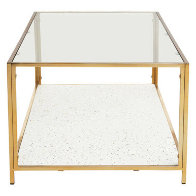 Glass Top Coffee Table with White Terrazzo Effect Shelf and Gold Metal Frame, Novi