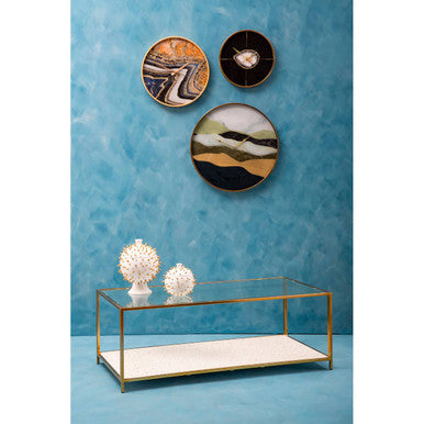Glass Top Coffee Table with White Terrazzo Effect Shelf and Gold Metal Frame, Novi