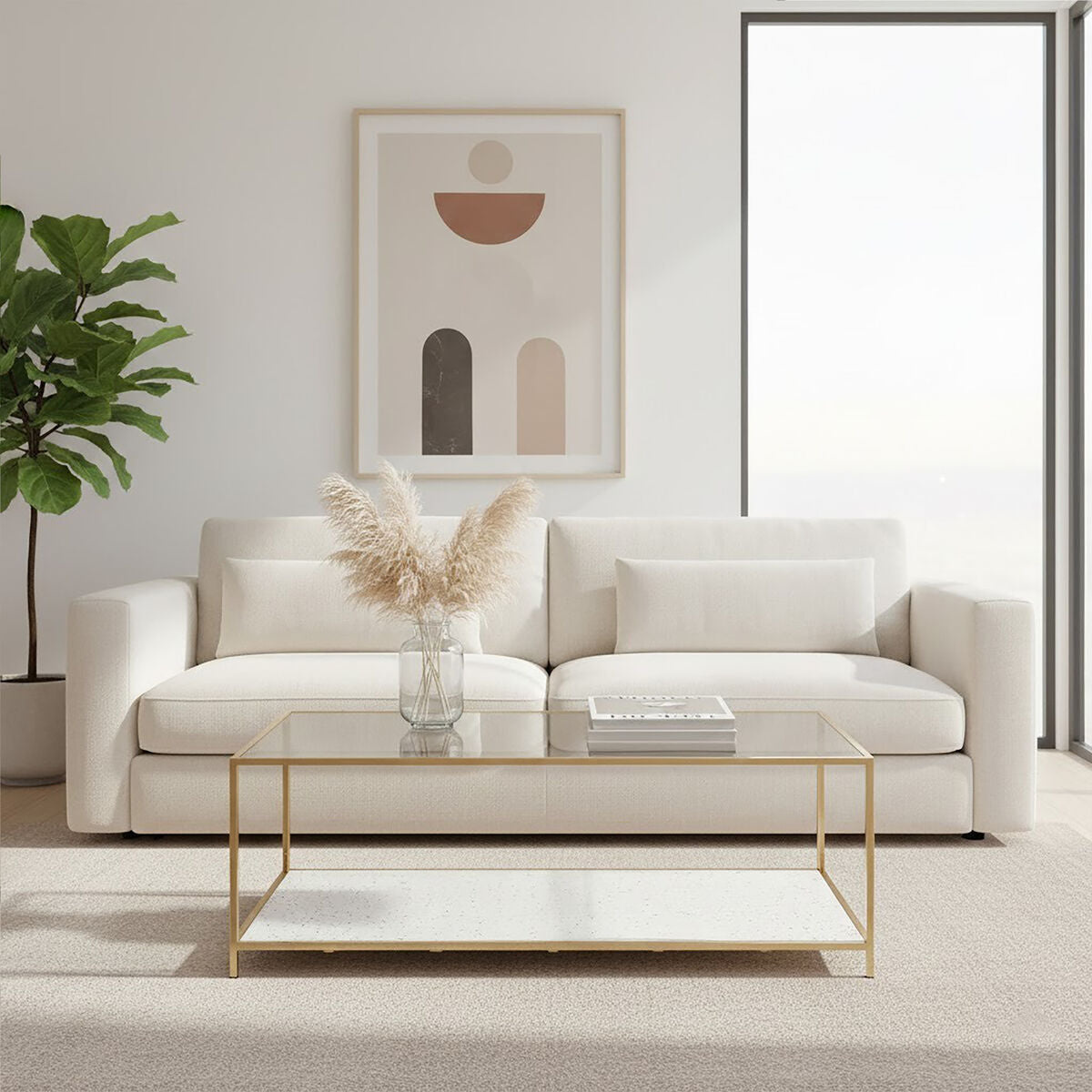 Glass Top Coffee Table with White Terrazzo Effect Shelf and Gold Metal Frame, Novi