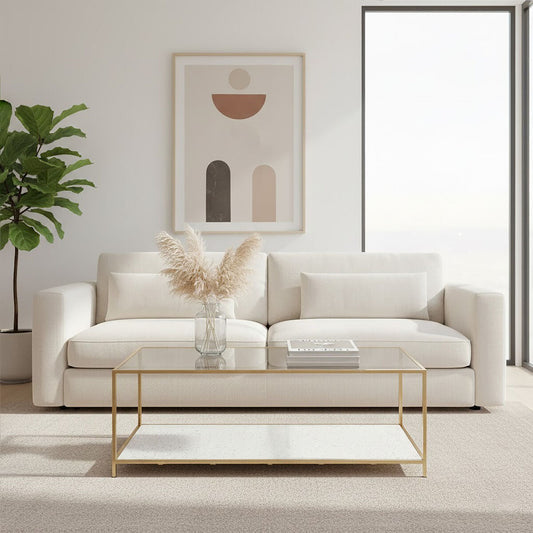 Glass Top Coffee Table with White Terrazzo Effect Shelf and Gold Metal Frame, Novi