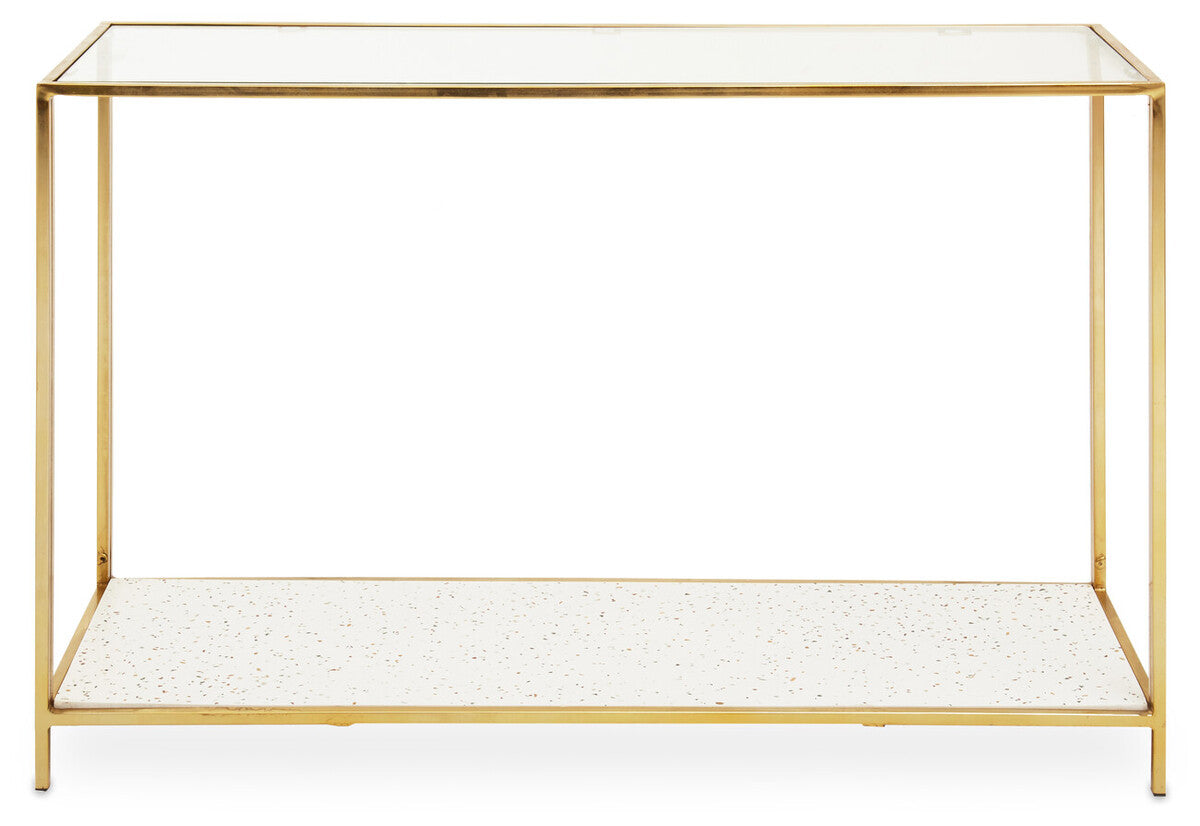 Glass Top Console Table with White Terrazzo Effect Shelf and Gold Metal Frame, Novi