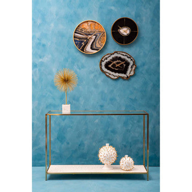 Glass Top Console Table with White Terrazzo Effect Shelf and Gold Metal Frame, Novi