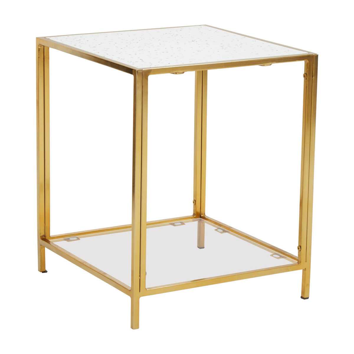 Glass Top Side Table with White Terrazzo Effect Shelf and Gold Metal Frame, Novi
