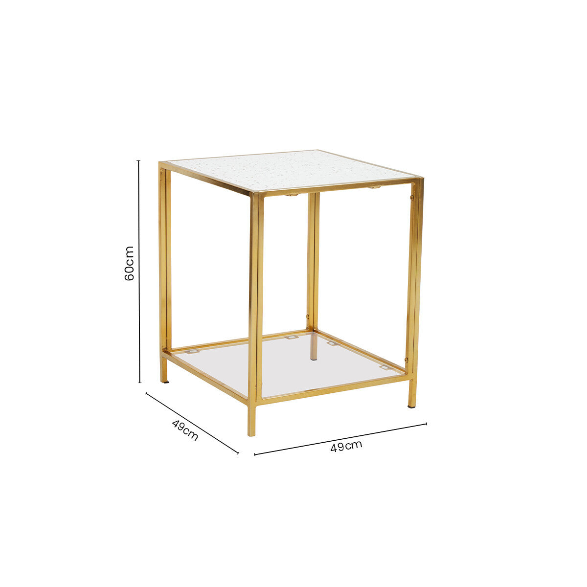 Glass Top Side Table with White Terrazzo Effect Shelf and Gold Metal Frame, Novi