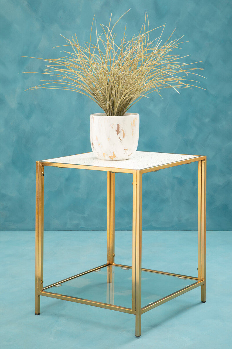 Glass Top Side Table with White Terrazzo Effect Shelf and Gold Metal Frame, Novi