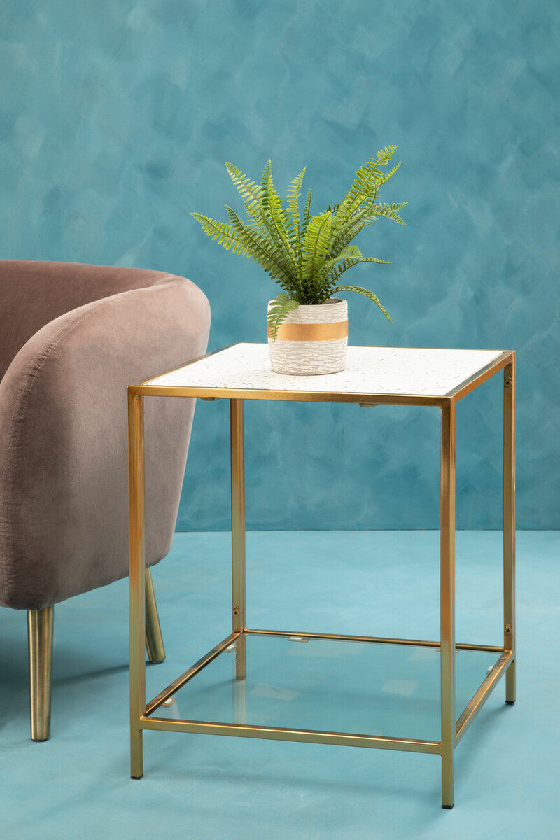 Glass Top Side Table with White Terrazzo Effect Shelf and Gold Metal Frame, Novi