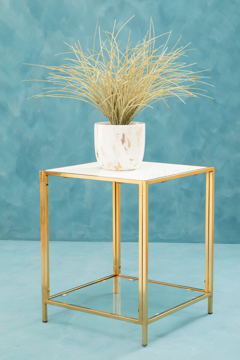Glass Top Side Table with White Terrazzo Effect Shelf and Gold Metal Frame, Novi