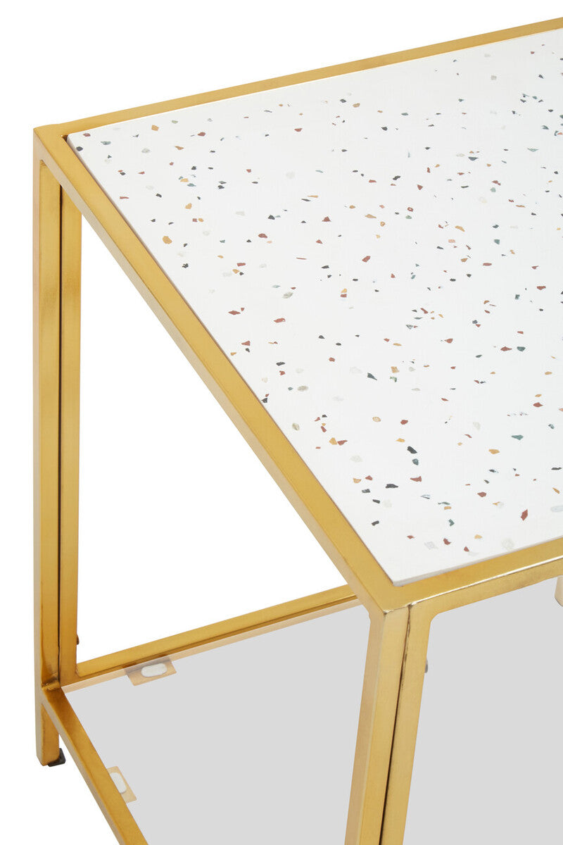 Glass Top Side Table with White Terrazzo Effect Shelf and Gold Metal Frame, Novi