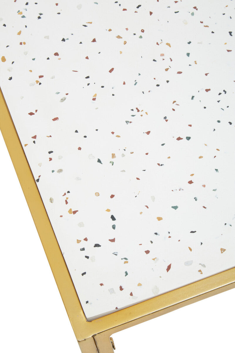 Glass Top Side Table with White Terrazzo Effect Shelf and Gold Metal Frame, Novi