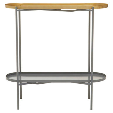 Matte Gold Metal Two Tier Console Table with Grey Enamel Shelves, Kobra