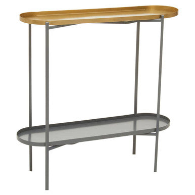 Matte Gold Metal Two Tier Console Table with Grey Enamel Shelves, Kobra
