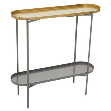 Matte Gold Metal Two Tier Console Table with Grey Enamel Shelves, Kobra