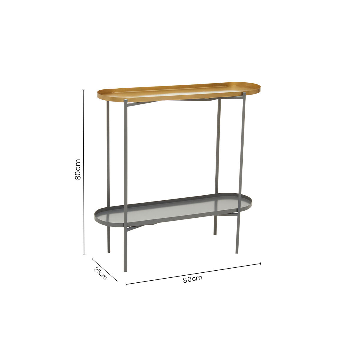 Matte Gold Metal Two Tier Console Table with Grey Enamel Shelves, Kobra