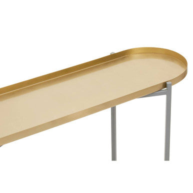 Matte Gold Metal Two Tier Console Table with Grey Enamel Shelves, Kobra