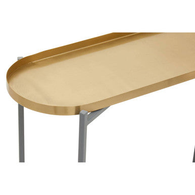 Matte Gold Metal Two Tier Console Table with Grey Enamel Shelves, Kobra
