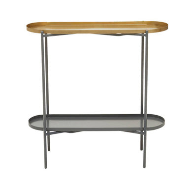 Matte Gold Metal Two Tier Console Table with Grey Enamel Shelves, Kobra