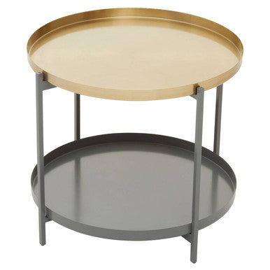 Matte Gold Metal Two Tier Coffee Table with Grey Enamel Shelves, Kobra