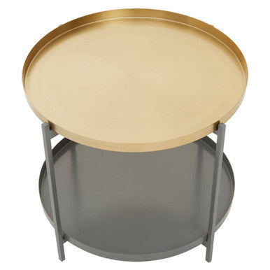 Matte Gold Metal Two Tier Coffee Table with Grey Enamel Shelves, Kobra