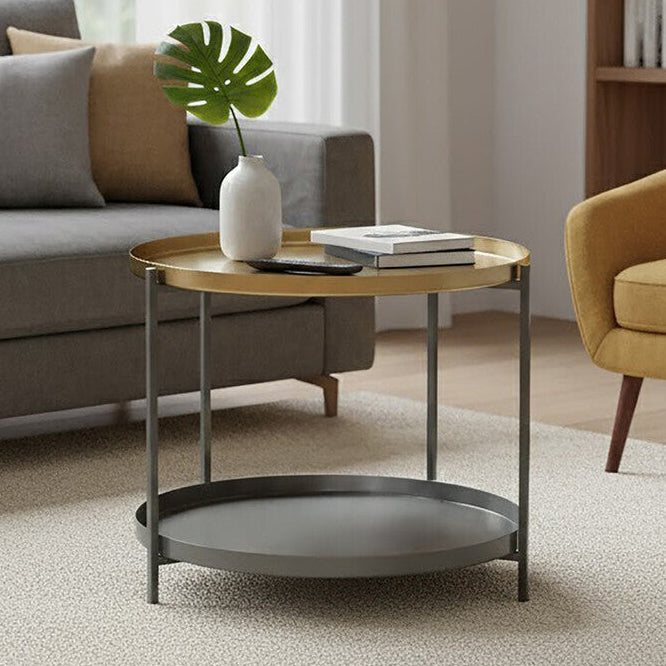 Matte Gold Metal Two Tier Coffee Table with Grey Enamel Shelves, Kobra